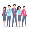 Business characters team work. Office people corporate employee cartoon teamwork communication. Flat business team vector illustration